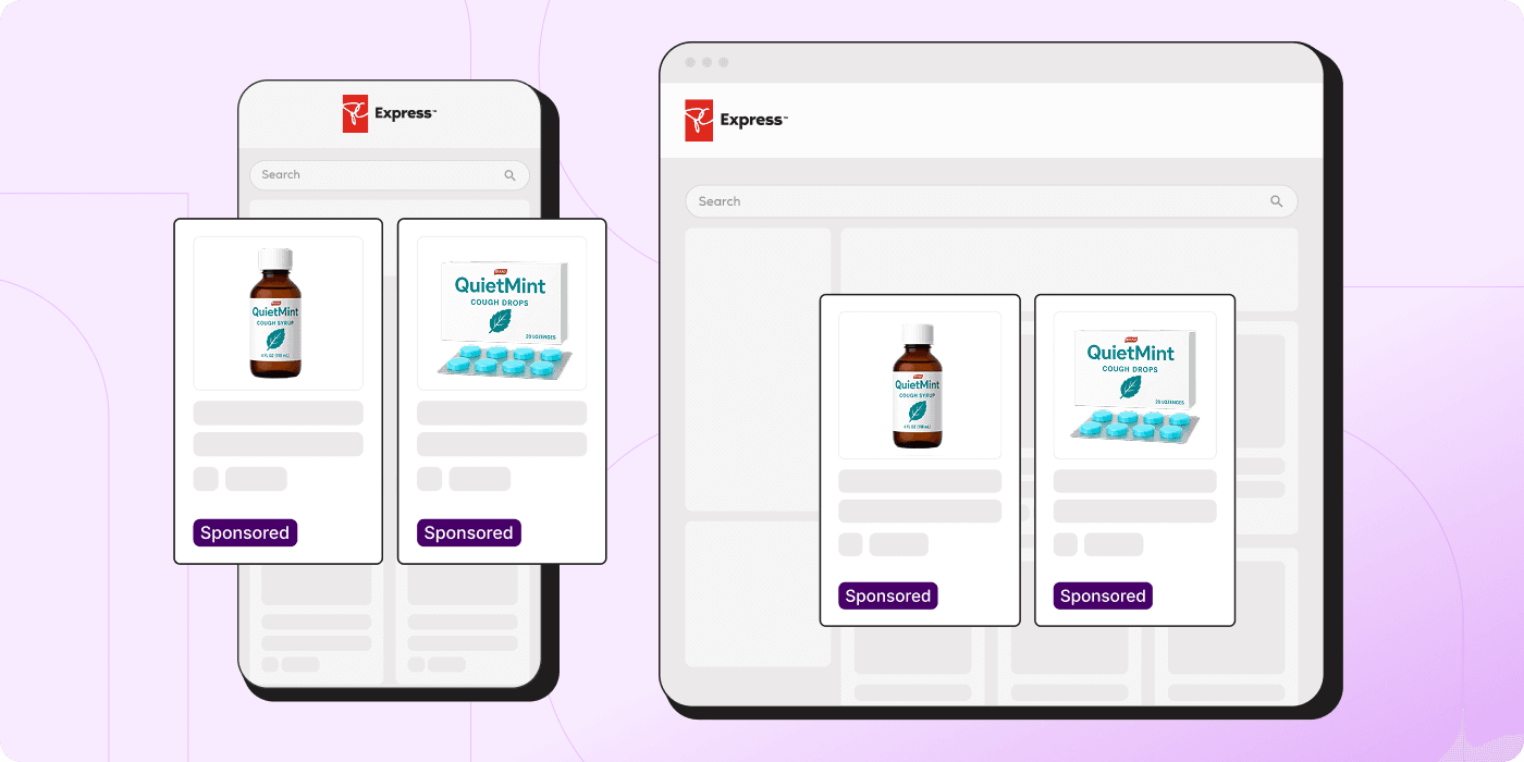 Illustration of sponsored product placements on the PC Express website, shown on mobile and desktop devices, featuring QuietMint cough syrup and cough drops displayed prominently in search results with "Sponsored" labels.